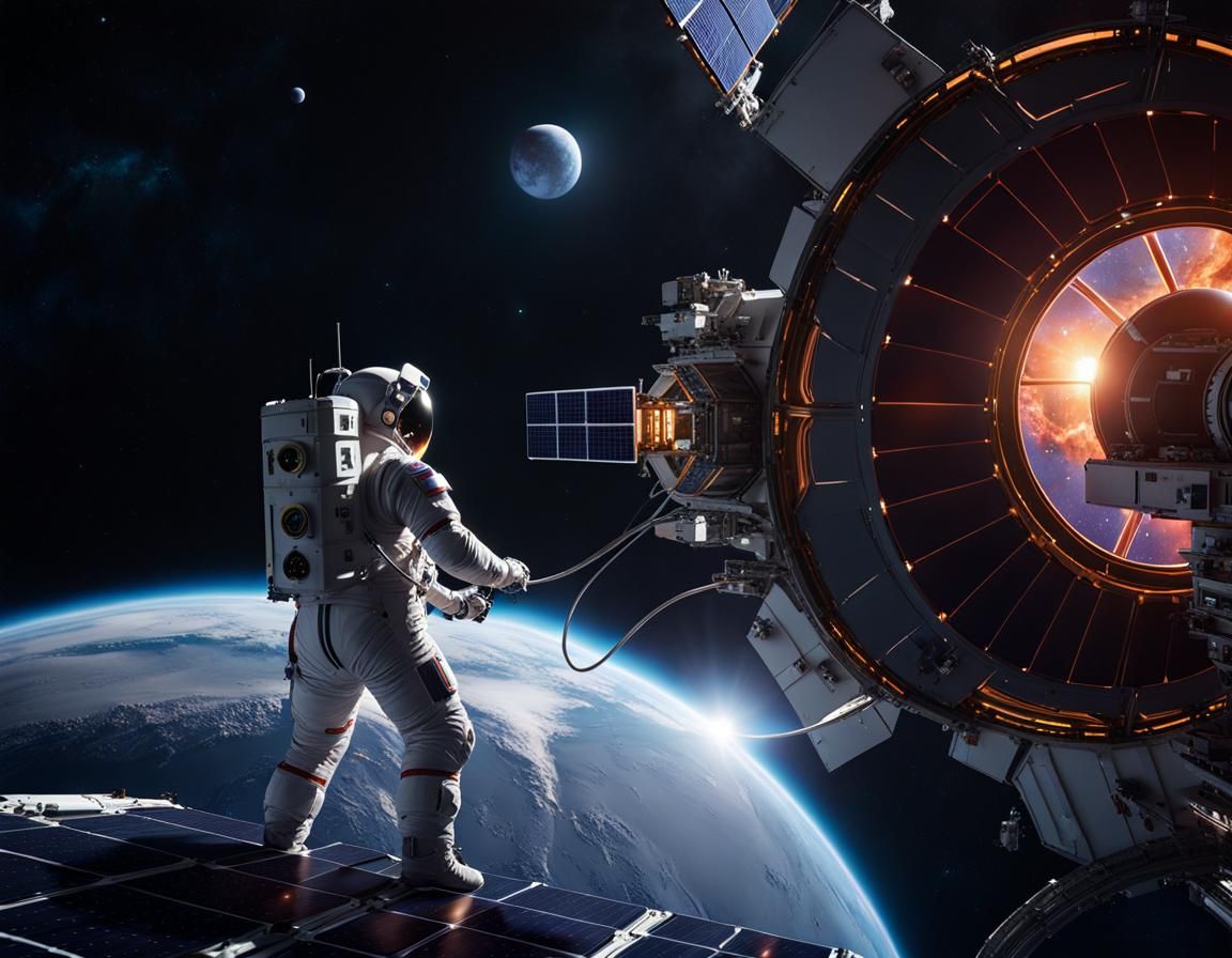 Astronaut Repairs Solar Panel in Space, Matte Painting