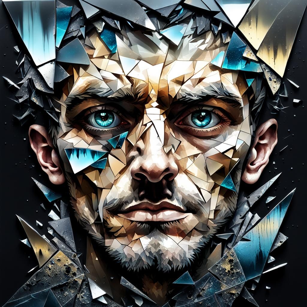 Fractured Reflection: Sad Man in Broken Mirror Shards