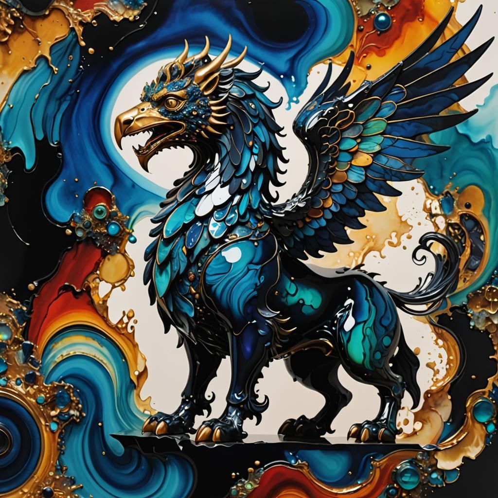 Obsidian Griffin in Surreal Alcohol Ink Style