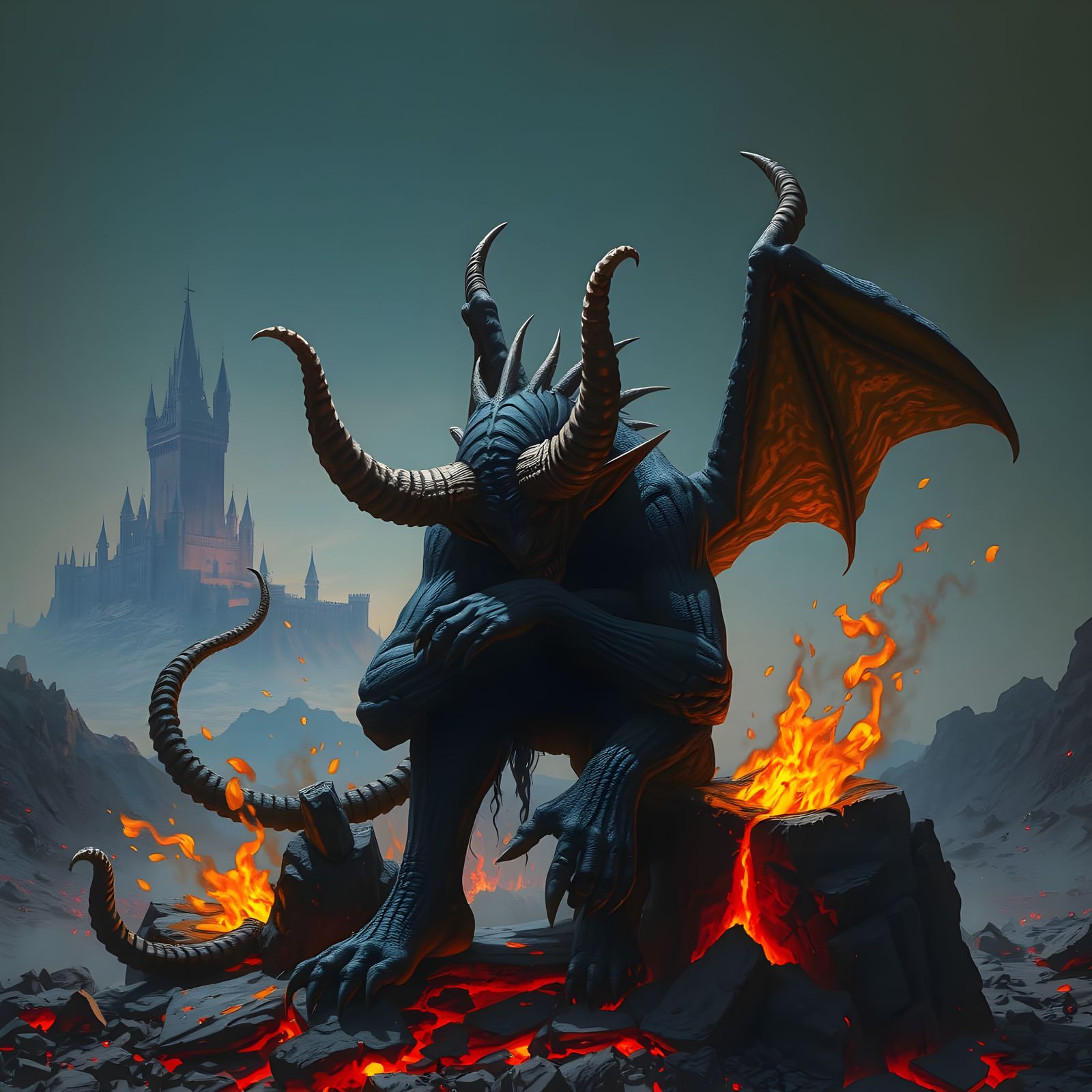 Melancholic Demon in Fiery, Desolate Hellscapes