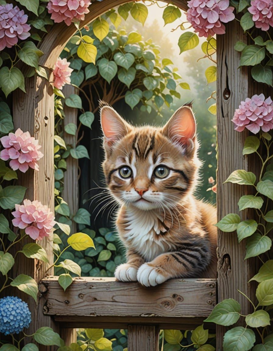 Kitten Peeking Through Gate in Enchanted Garden