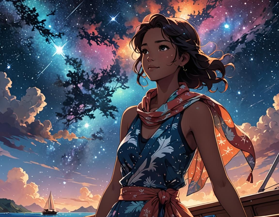 Woman Sailing Under Nebula in Anime Style