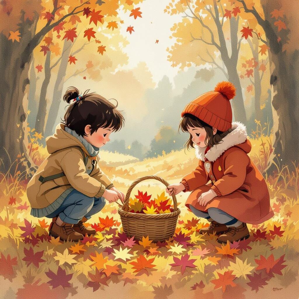 Autumn Children Gathering Leaves in Whimsical Style