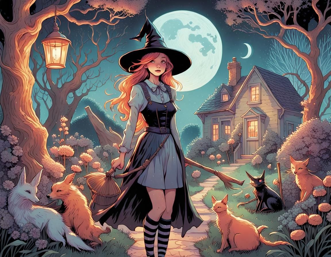 Charming Witch in Garden: Vintage Pastel Drawing