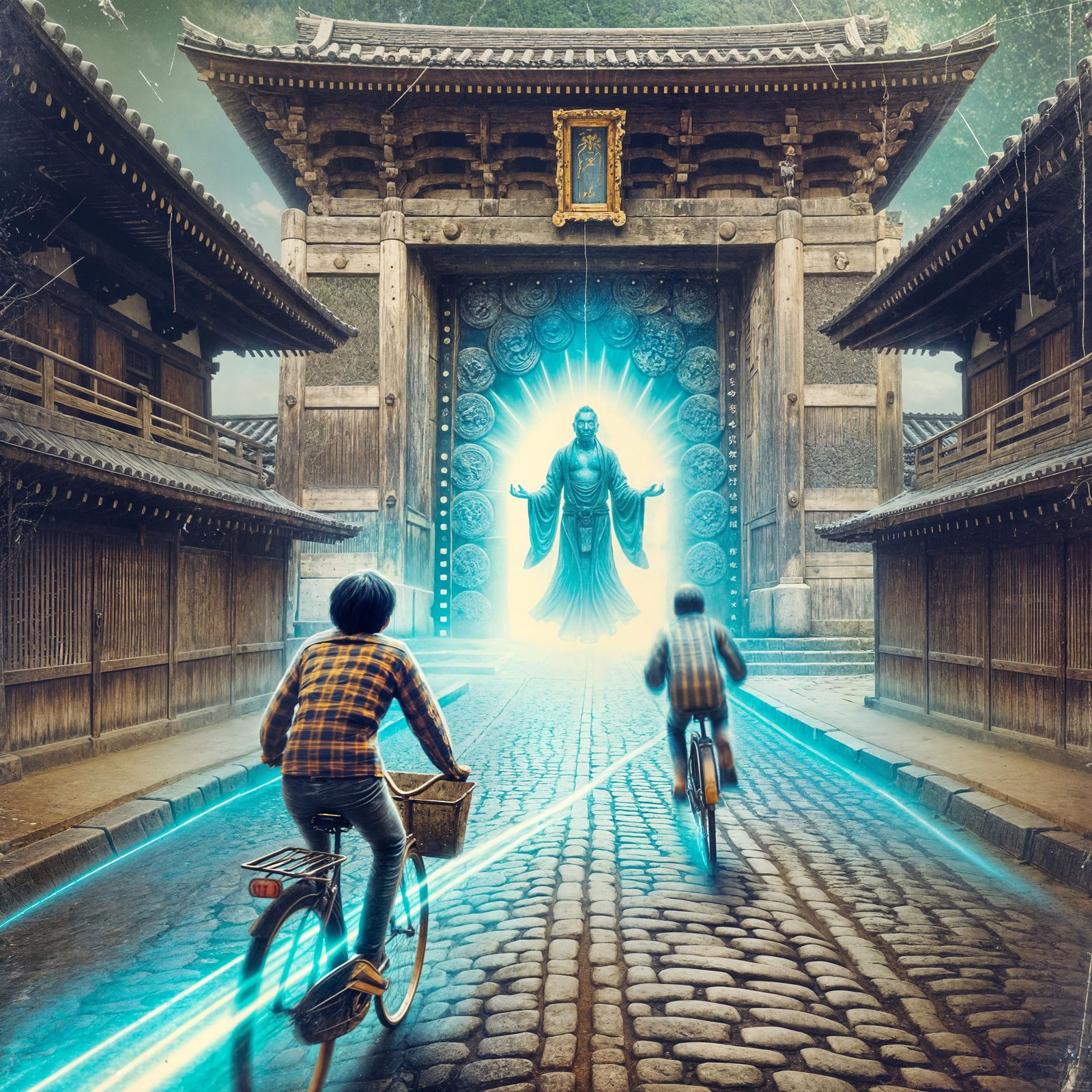 Vintage Japanese Temple Scene with Young Cyclist