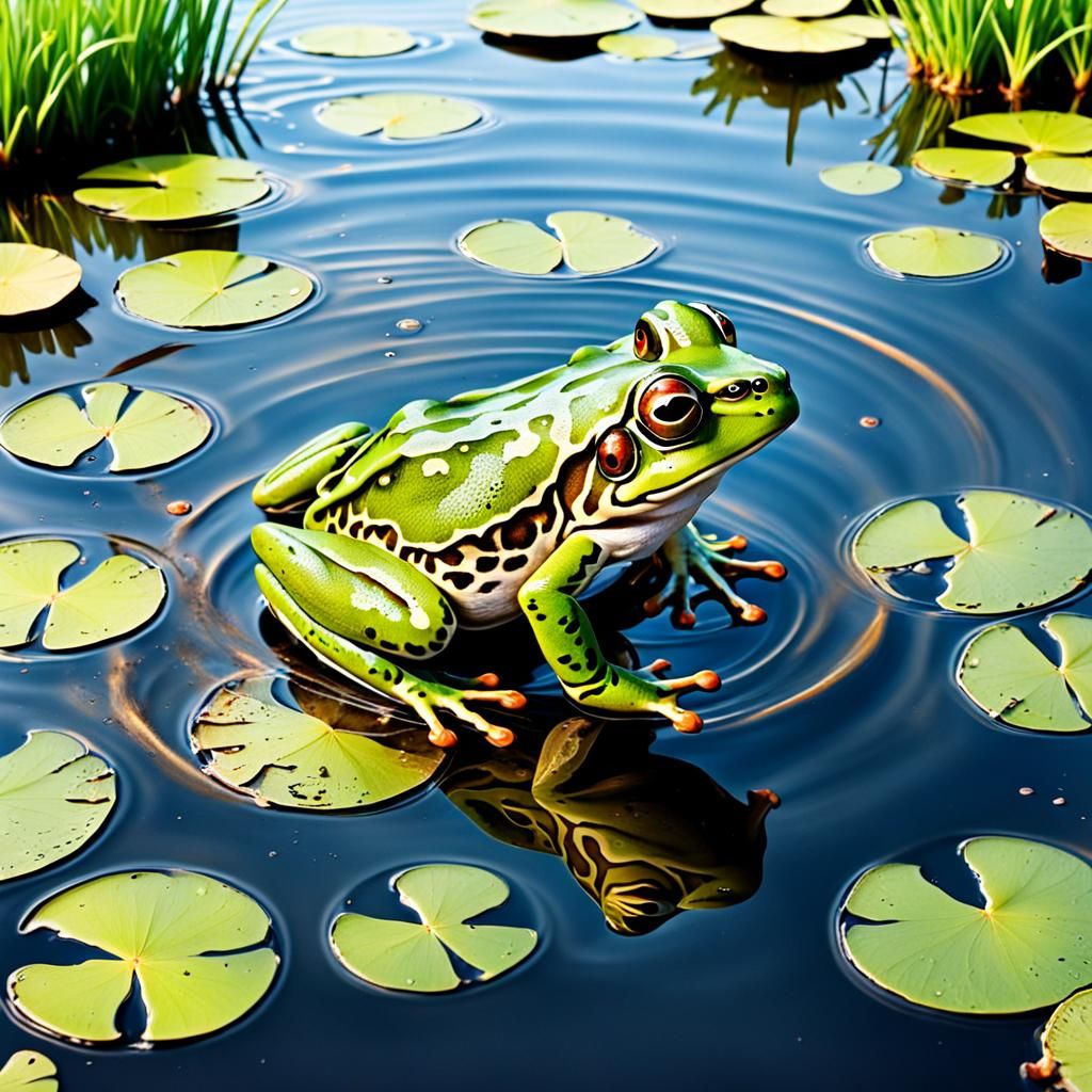 Frog Leaping from Pond with Ripples