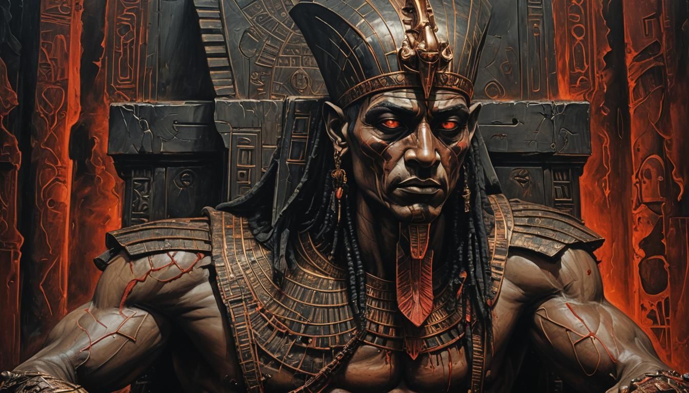 Pharaoh on Throne in Dark Surrealist Oil Painting