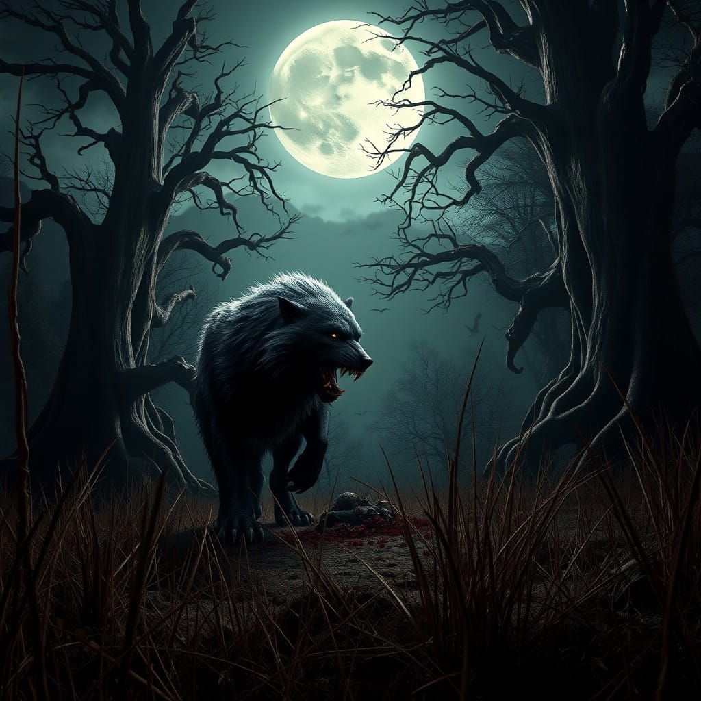 Majestic Werewolf Under Full Moon in Dark Forest