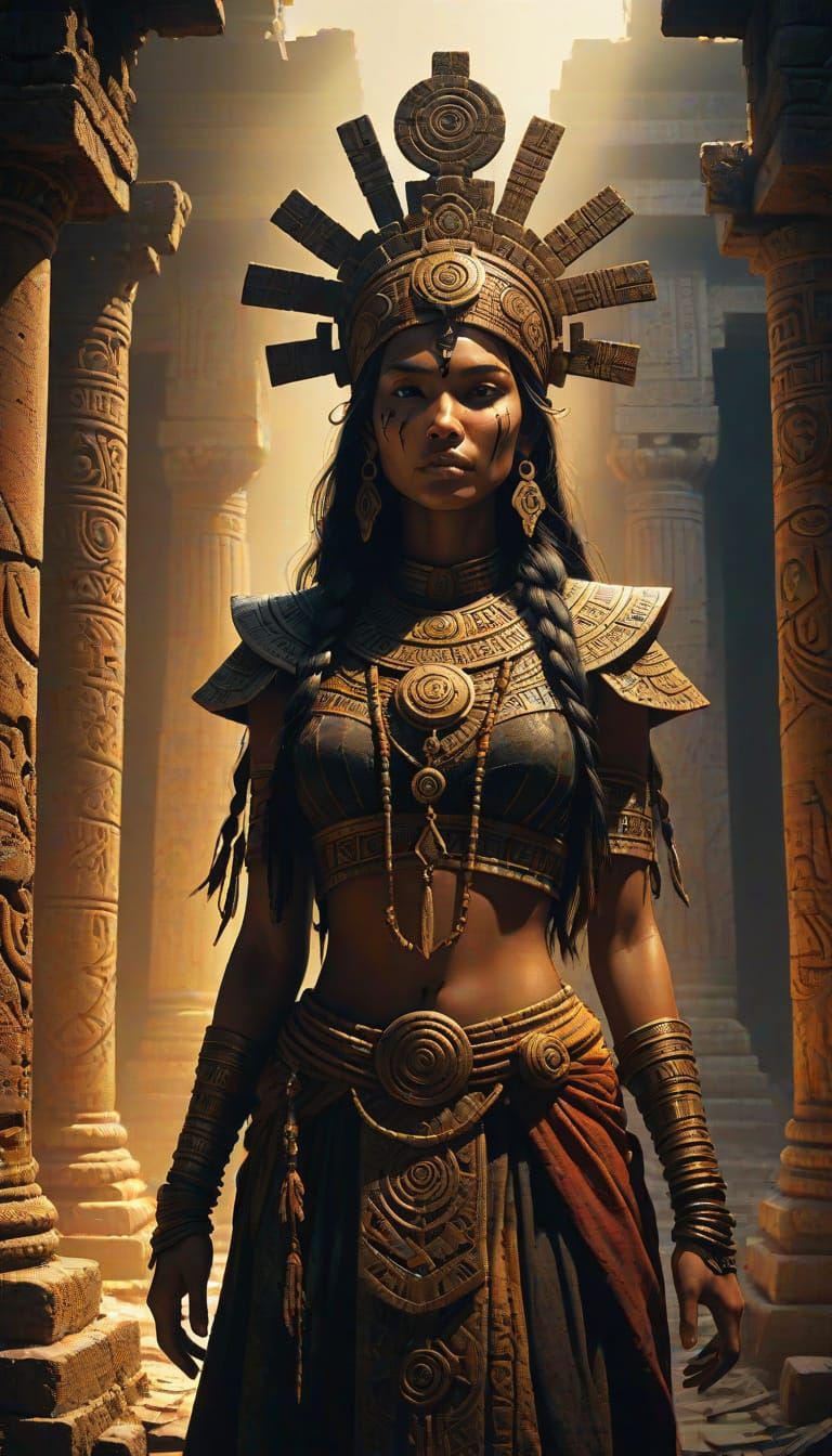 Tonantzin in Abandoned Temple: Dark Fantasy Art