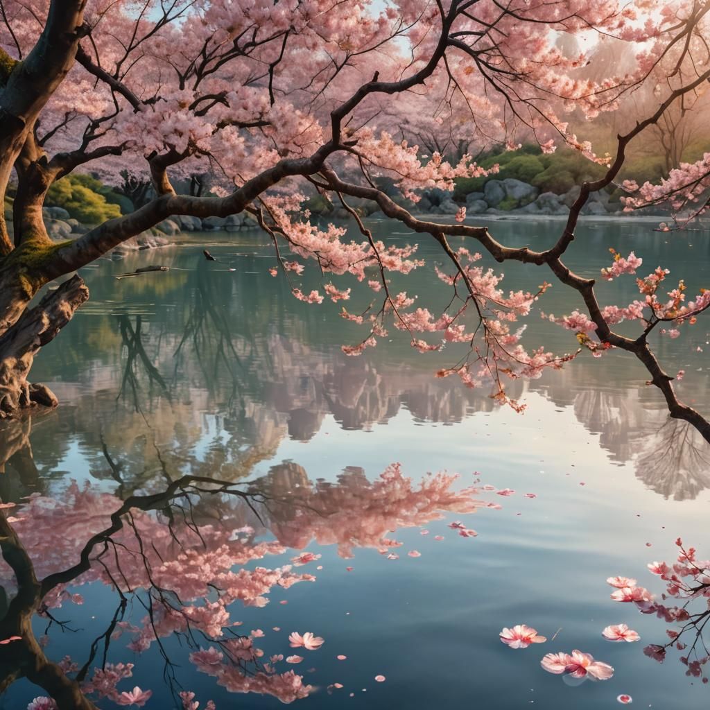 Sakura Tree in Lake: Watercolor and Hyperrealism