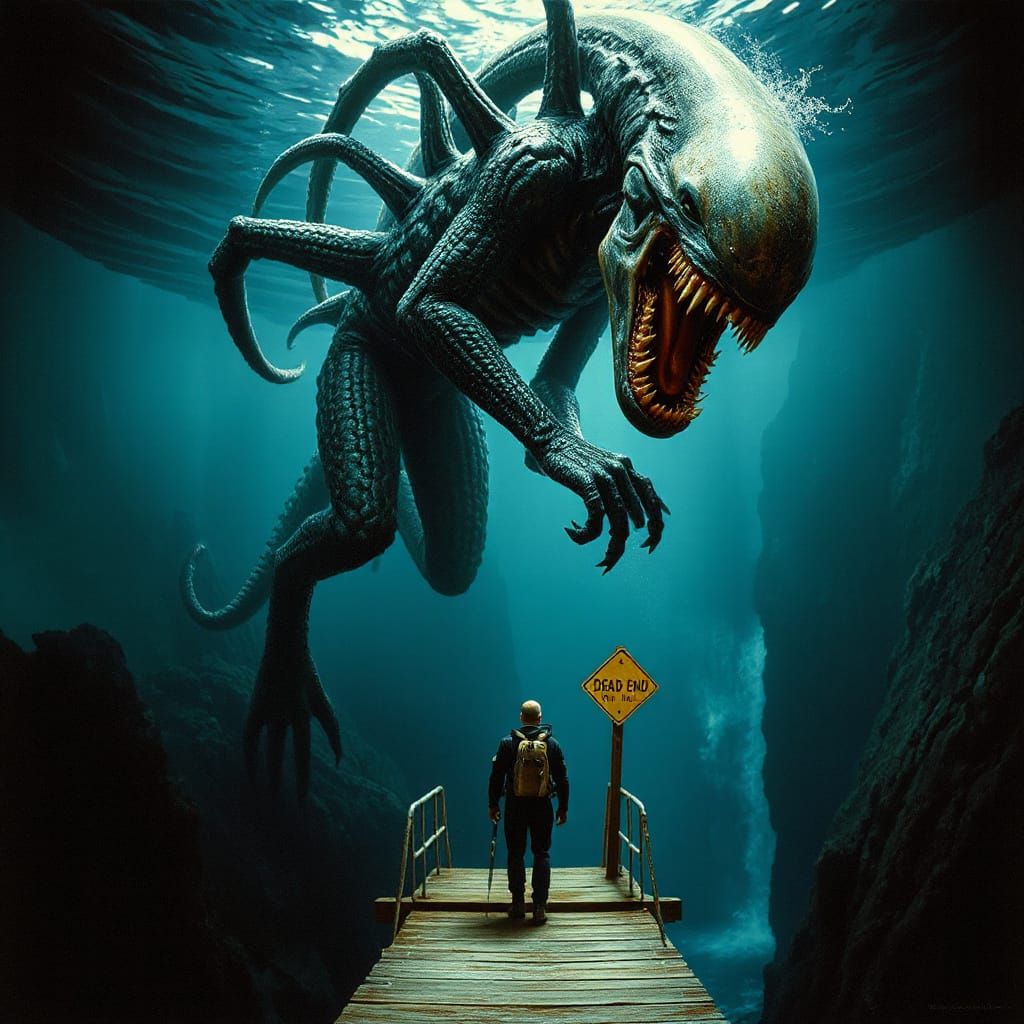Terrifying Deep Sea Creature Encounter in Movie Poster Style