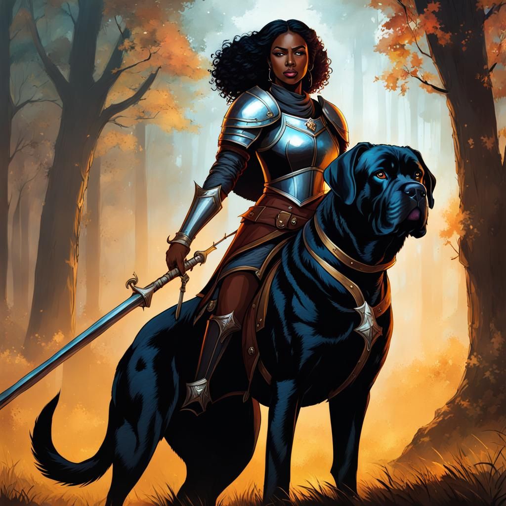 Ebony Lady Knight with Cane Corso, Digital Art