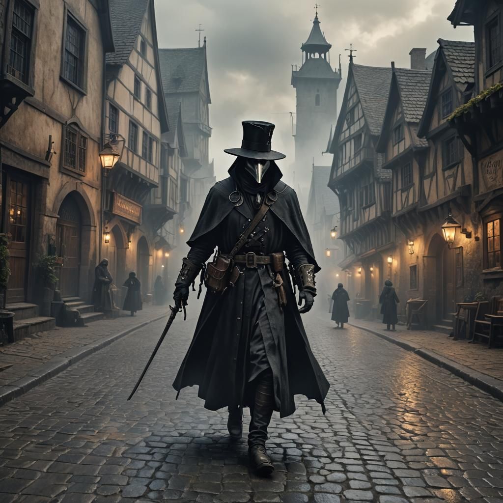 Macabre Plague Doctor in Foggy Medieval Town