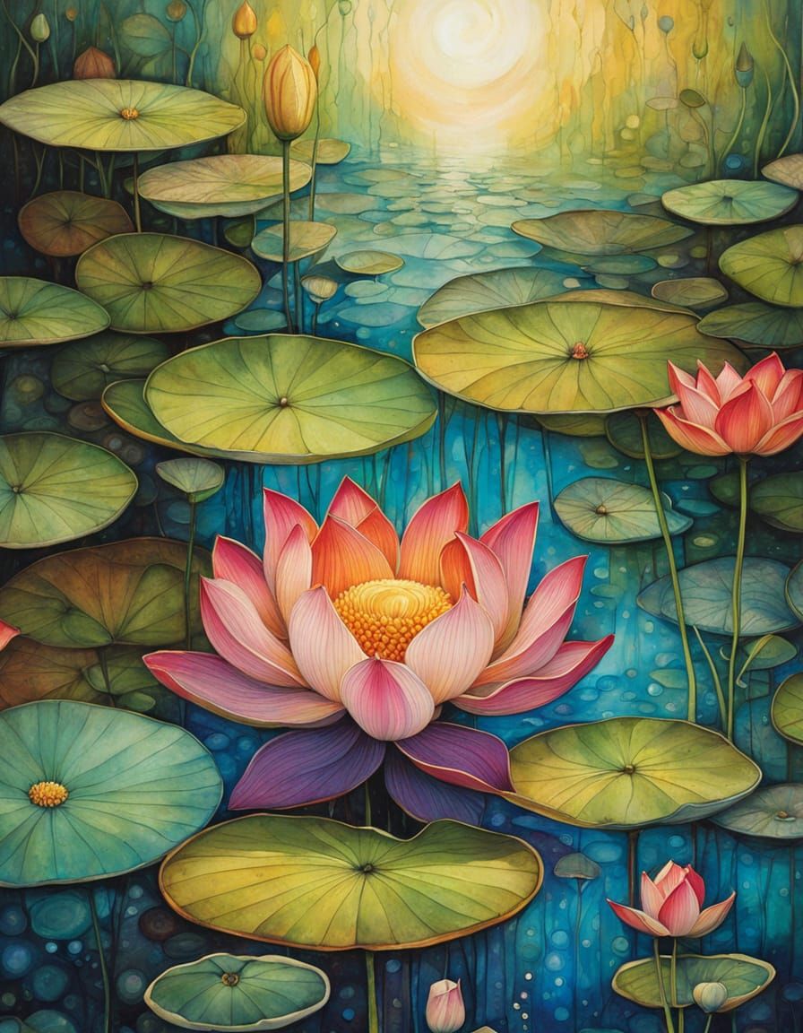 Luminous Multicoloured Lotus Flower in Summer Pond