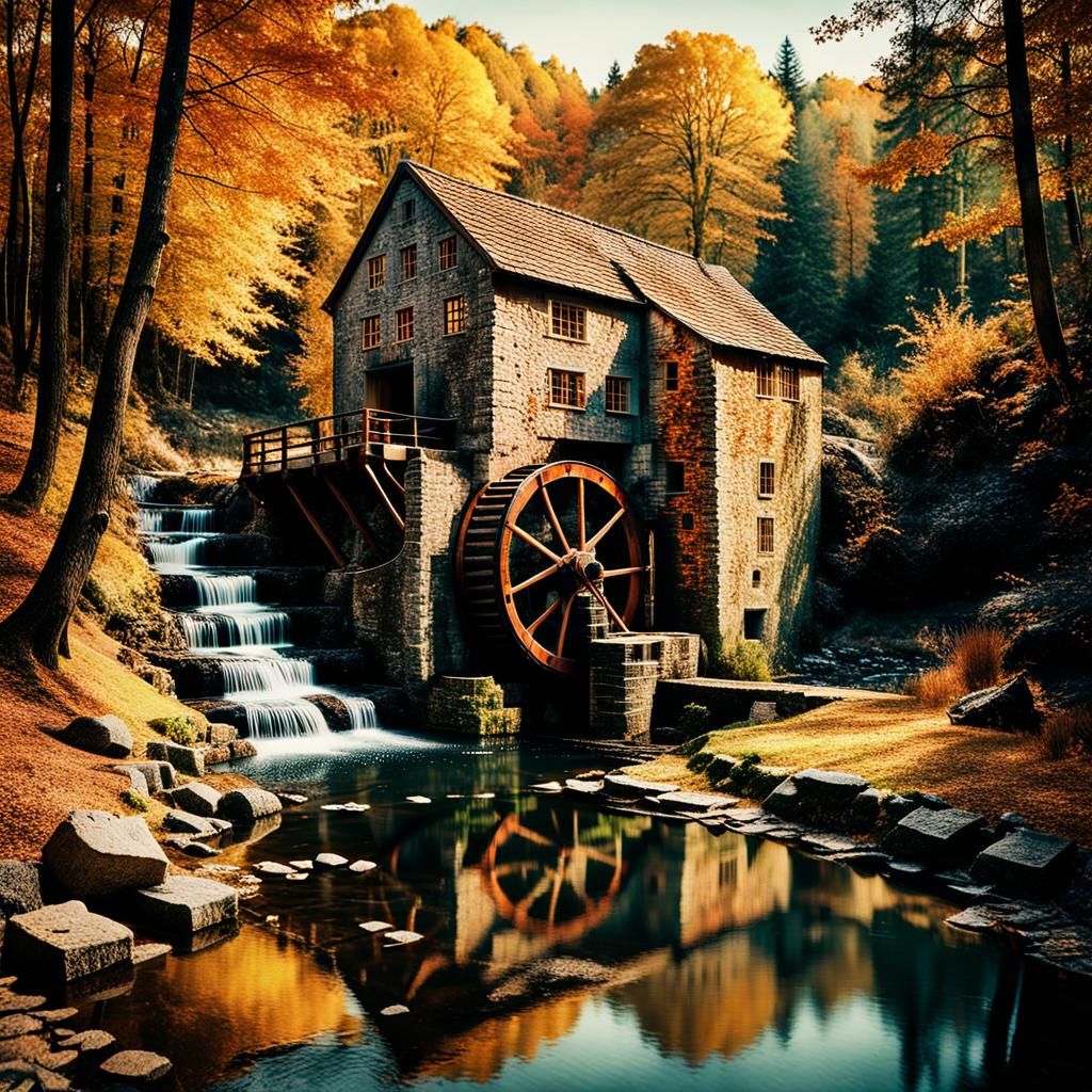 Autumnal Stone Water Mill Paper Collage Art
