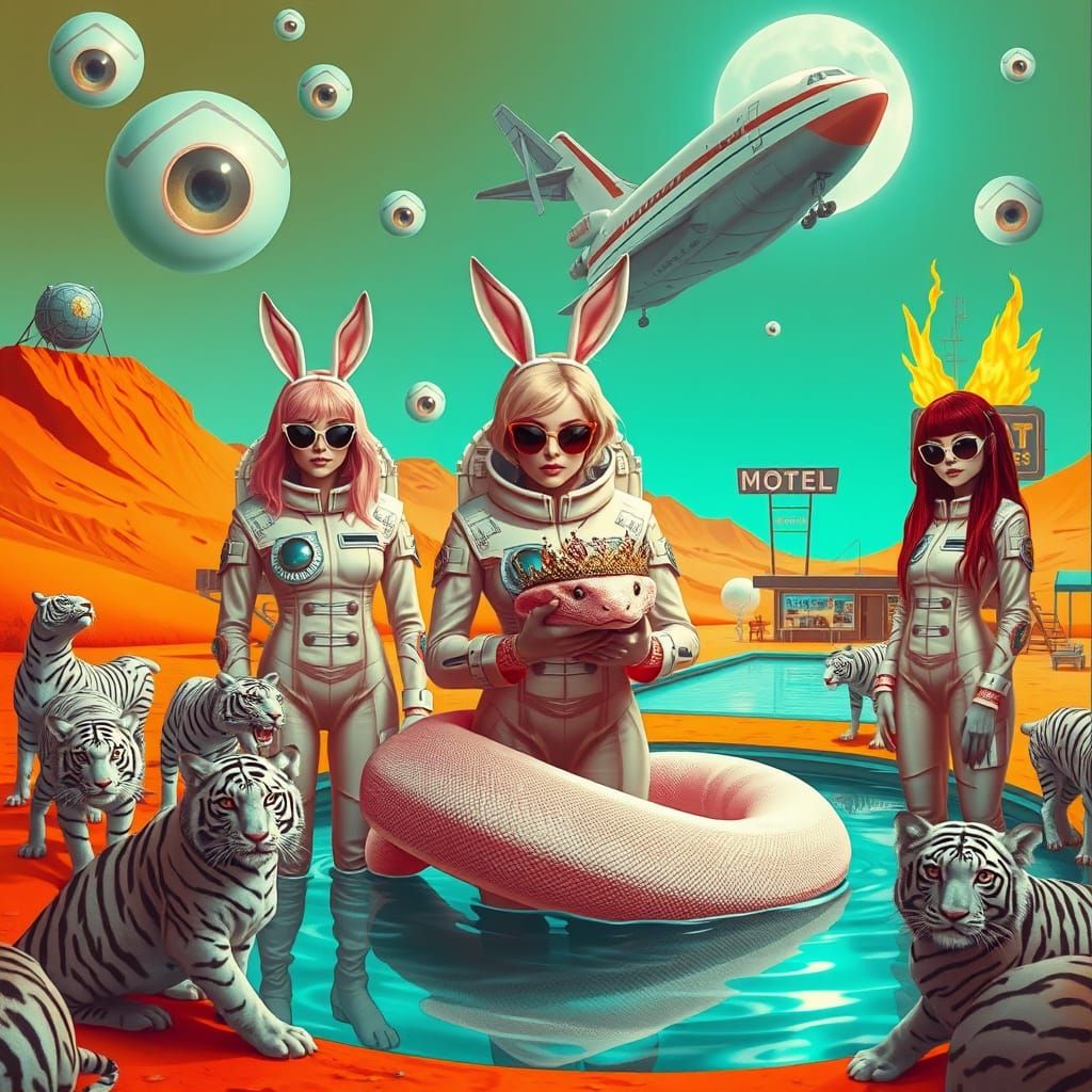 Astronaut Women in Orange Desert, Seventies Futuristic Style