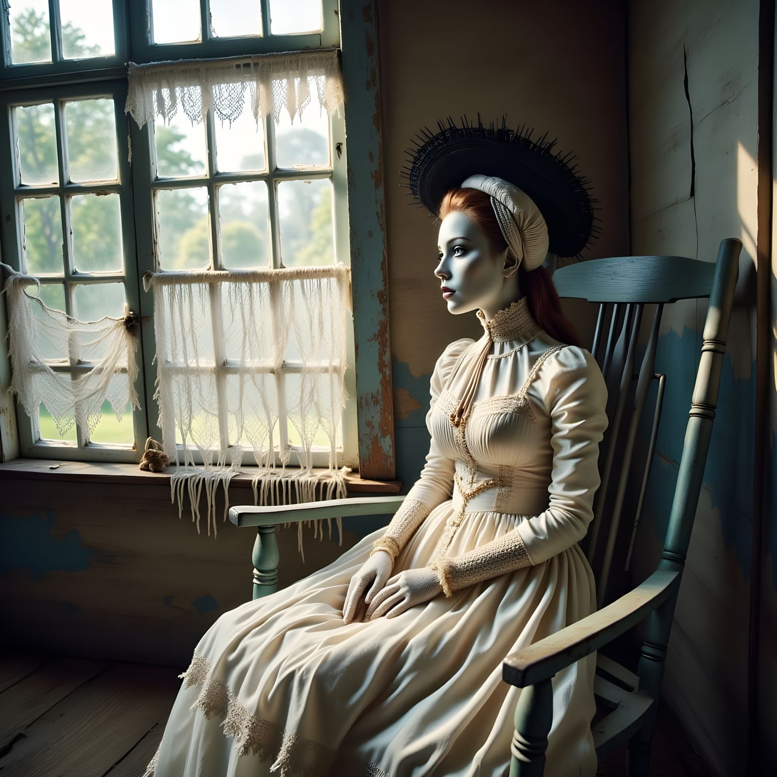 Ethereal Victorian Lady Sits in Abandoned Farmhouse