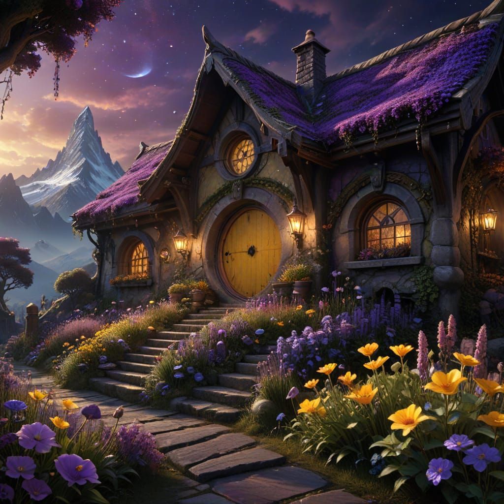 Majestic Hobbit Home Under Starry Skies in Dark Fantasy