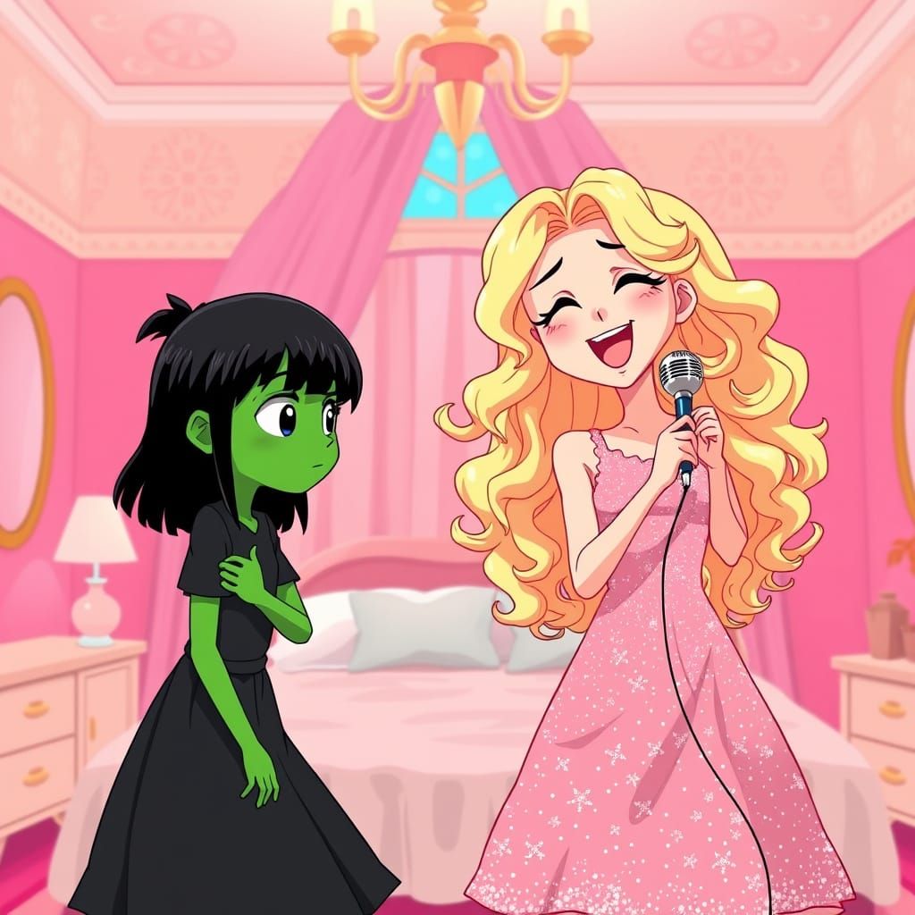 Whimsical Anime Girls in Vibrant Pink Bedroom