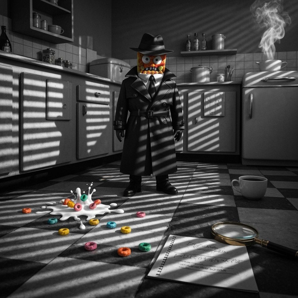 Film Noir Cereal Detective in 1940s Kitchen