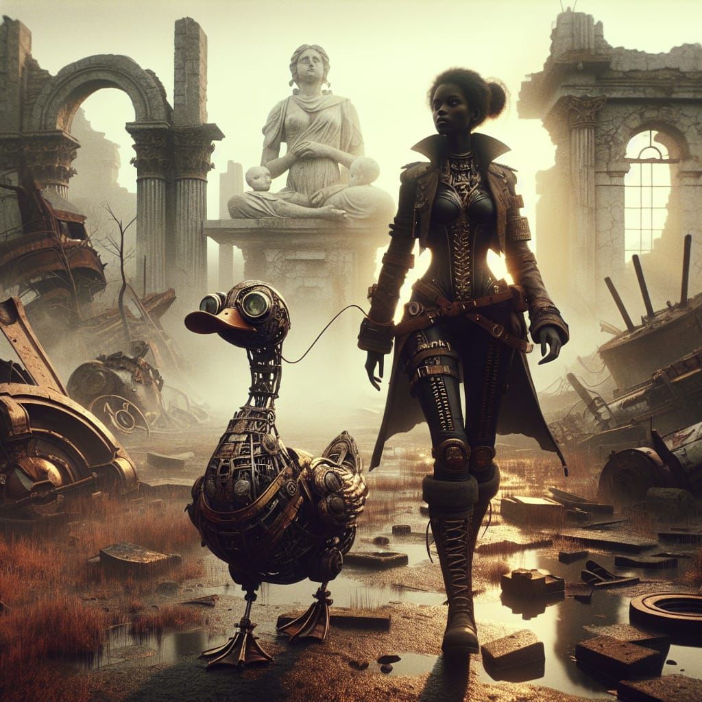 Steampunk Girl in Ruined Cityscape with Mechanical Duck