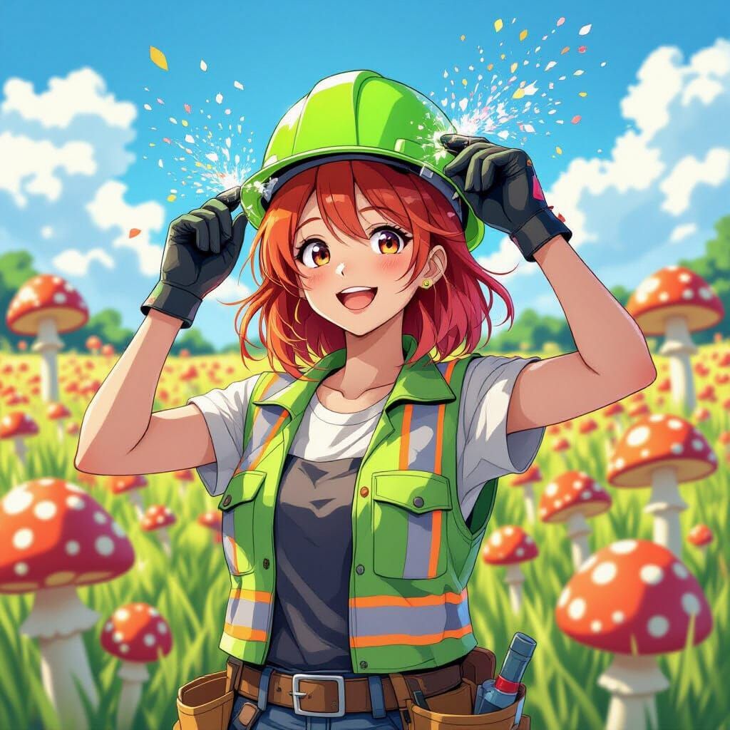 Carpenter and Neon Mushrooms in Anime Style