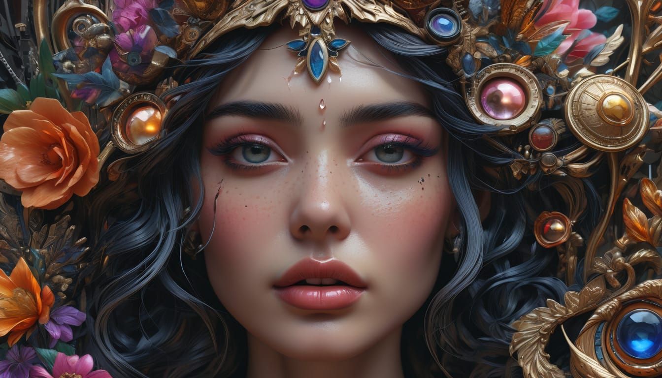 Retro-Futuristic Maximalist Scene in Rich Ink and Watercolor