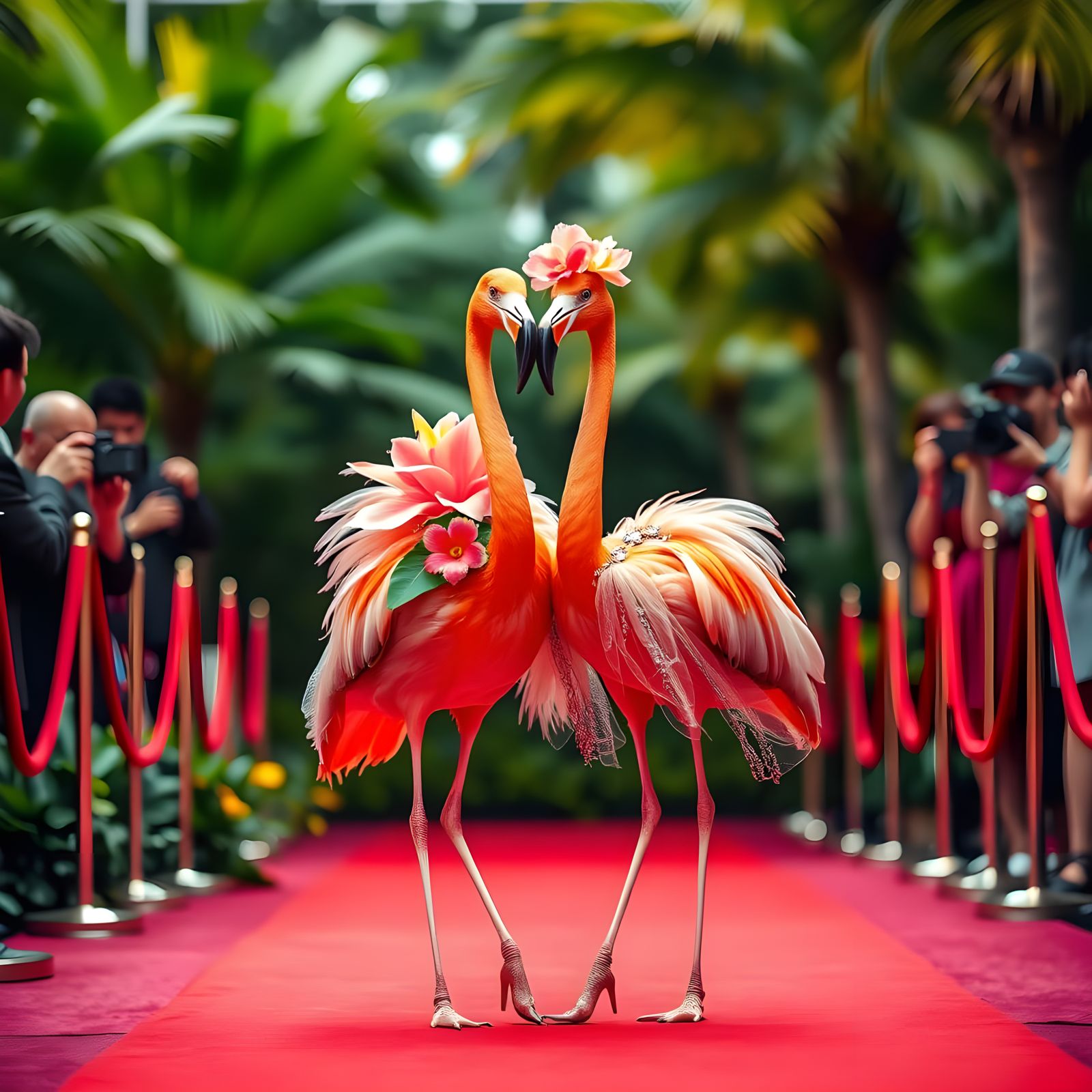Elegant Flamingos Strut Down the Red Carpet in Tropical Para...