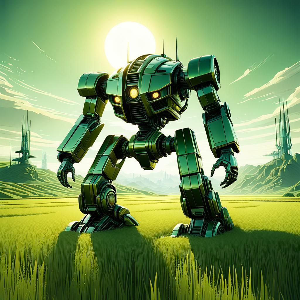 Colossal Mech in Rice Field: Sci-Fi Concept Art