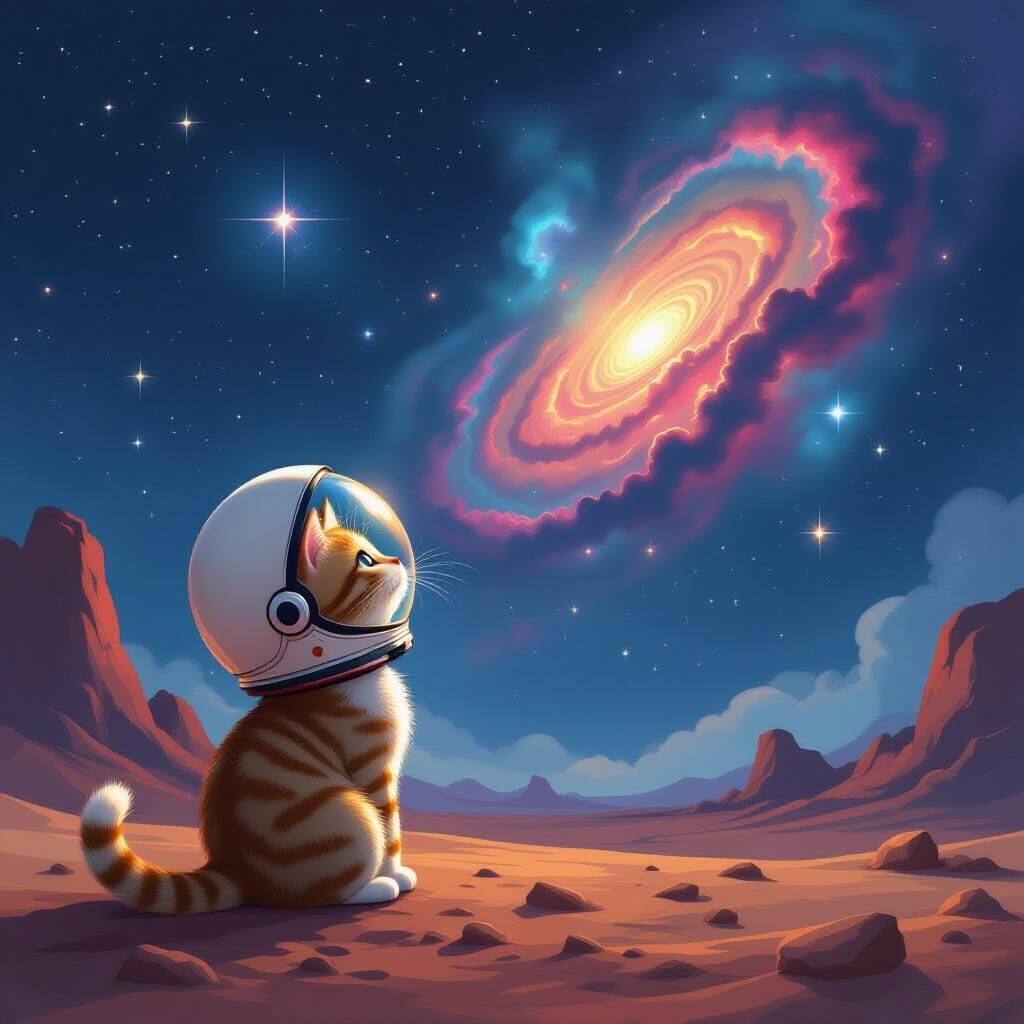 Whimsical Cat Astronaut on Alien Planet