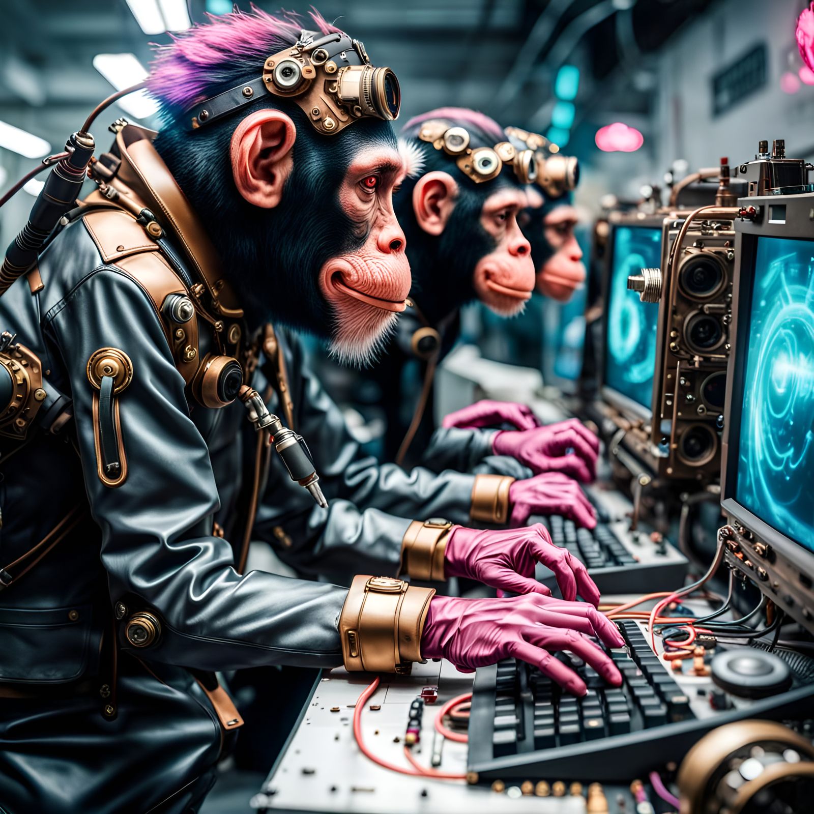 Biopunk Cyborg Monkeys Working on Retro Computers