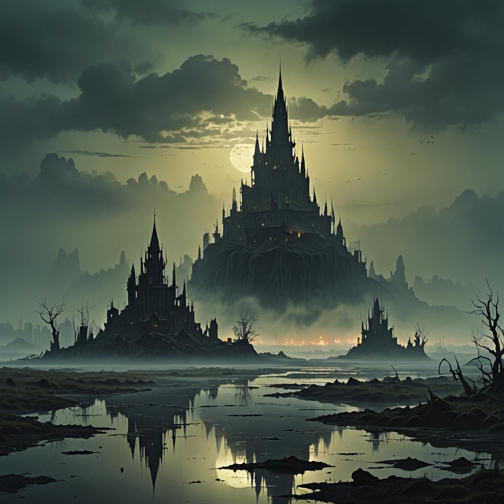 Dark Citadel Looms Over Misty Marshes: Digital Matte Paintin...