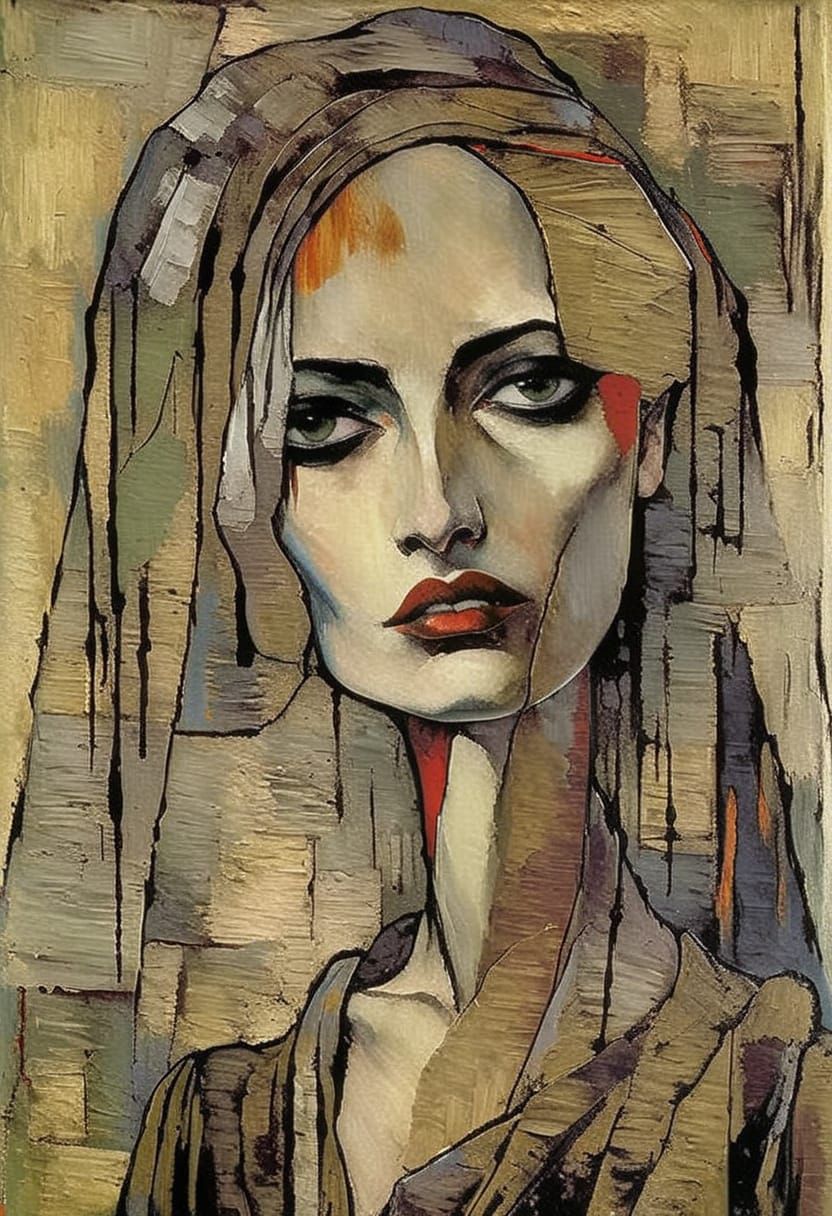 Sad Gothgirl Portrait in High Contrast Impasto Style