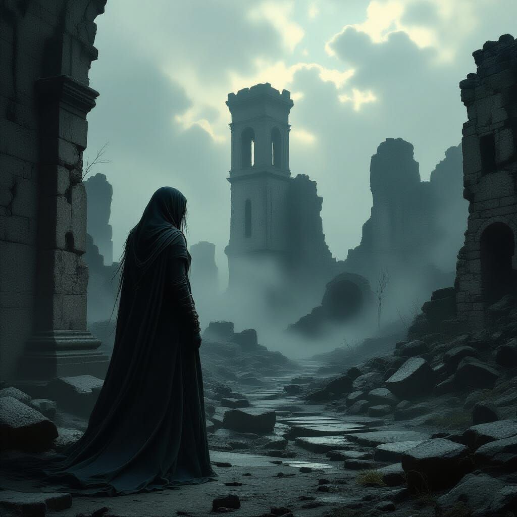 Ancient Woman in Desolate Ruin, Dark Fantasy Art