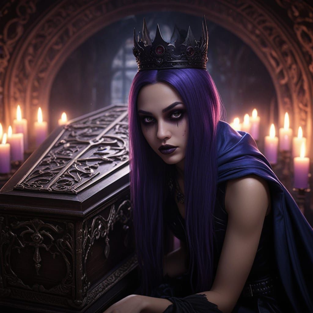 Goth Raven Goddess in Shadowy Crypt