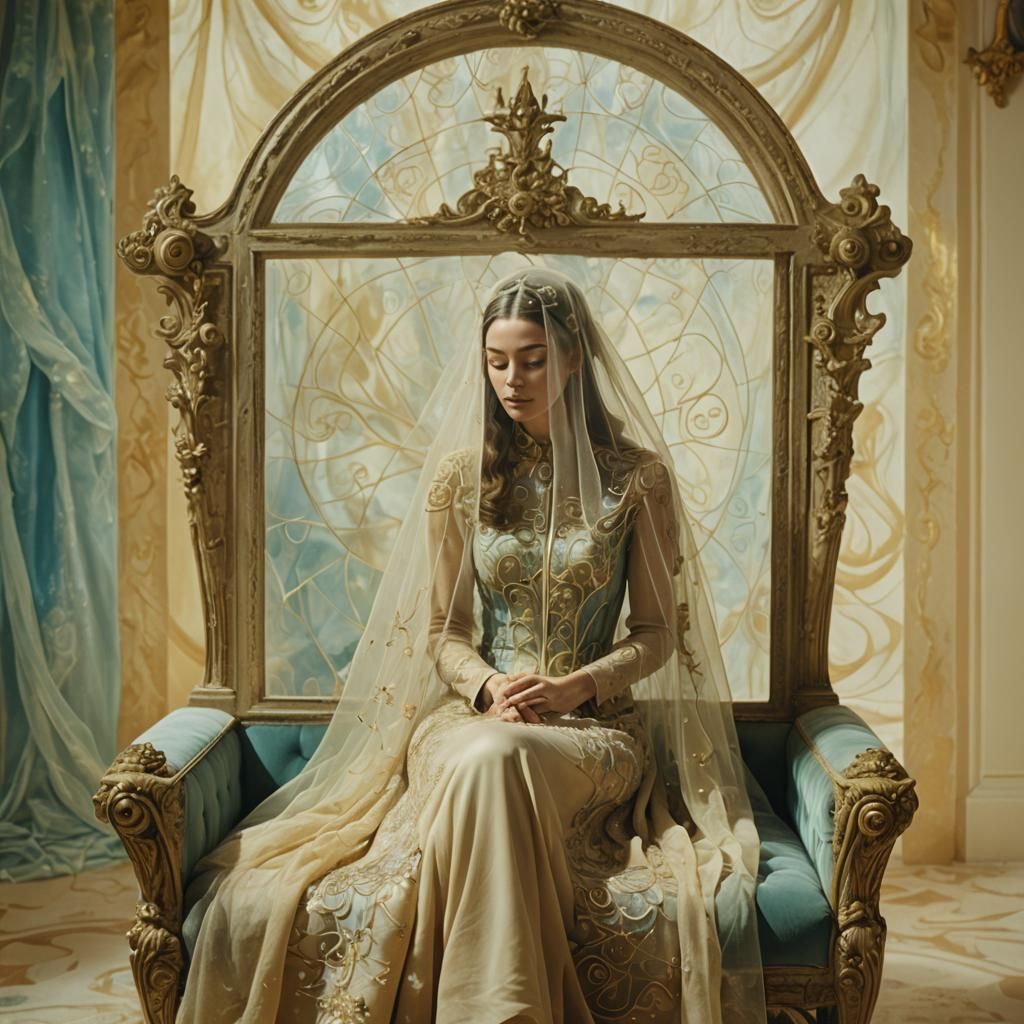 Surreal Veiled Woman on Throne, Dreamlike Art