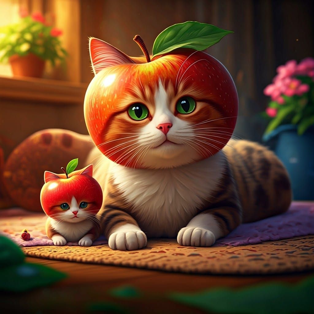 Cozy Apple Cat Family Plays in a Whimsical Home
