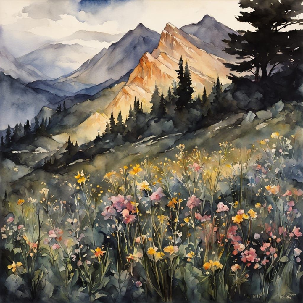 Mountain Wildflowers in Soft Watercolor