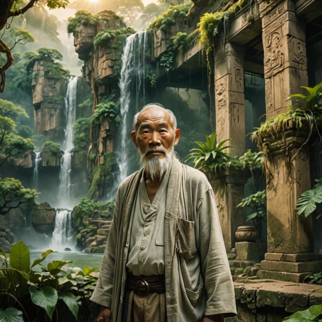 Elderly Asian Man in Ancient Ruins Concept Art