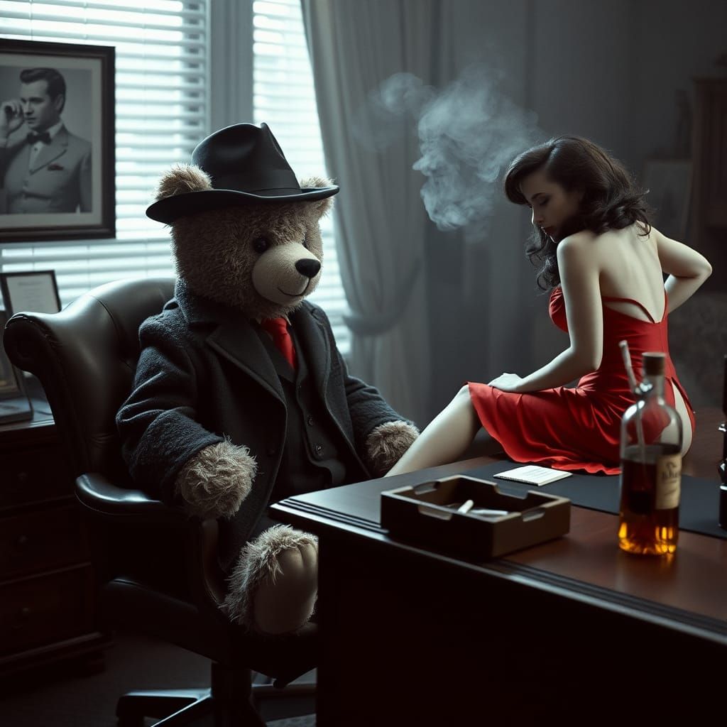 Classic Noir Teddy Bear Private Eye Scene