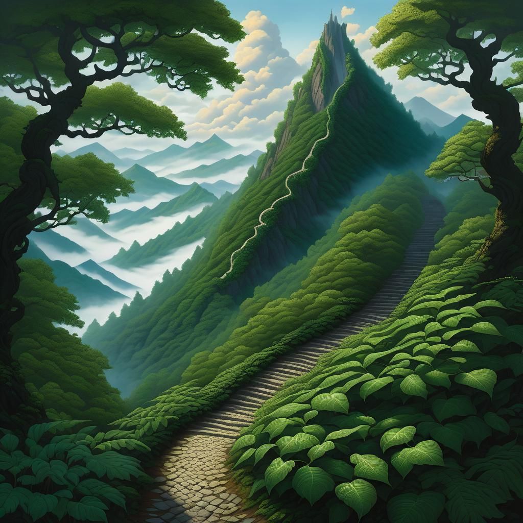 Mysterious Mountain Path Shrouded in Clouds