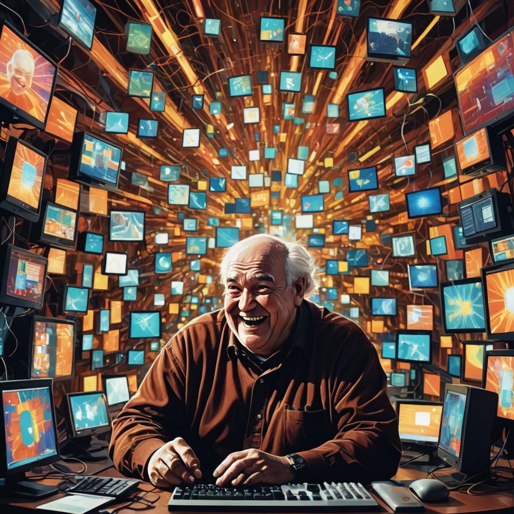 Surreal Old Man Surrounded by Computers in Digital Art