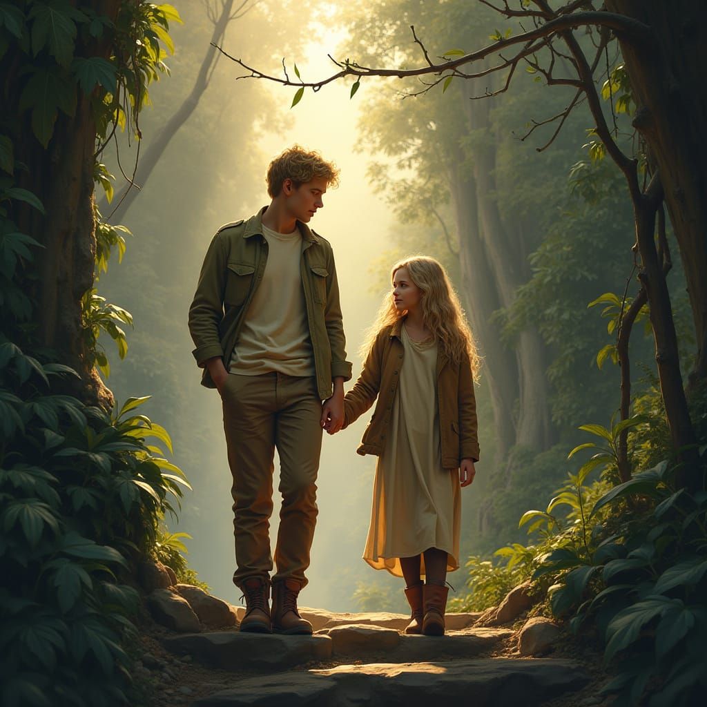 Young Couple in Rainforest, Digital Painting Style