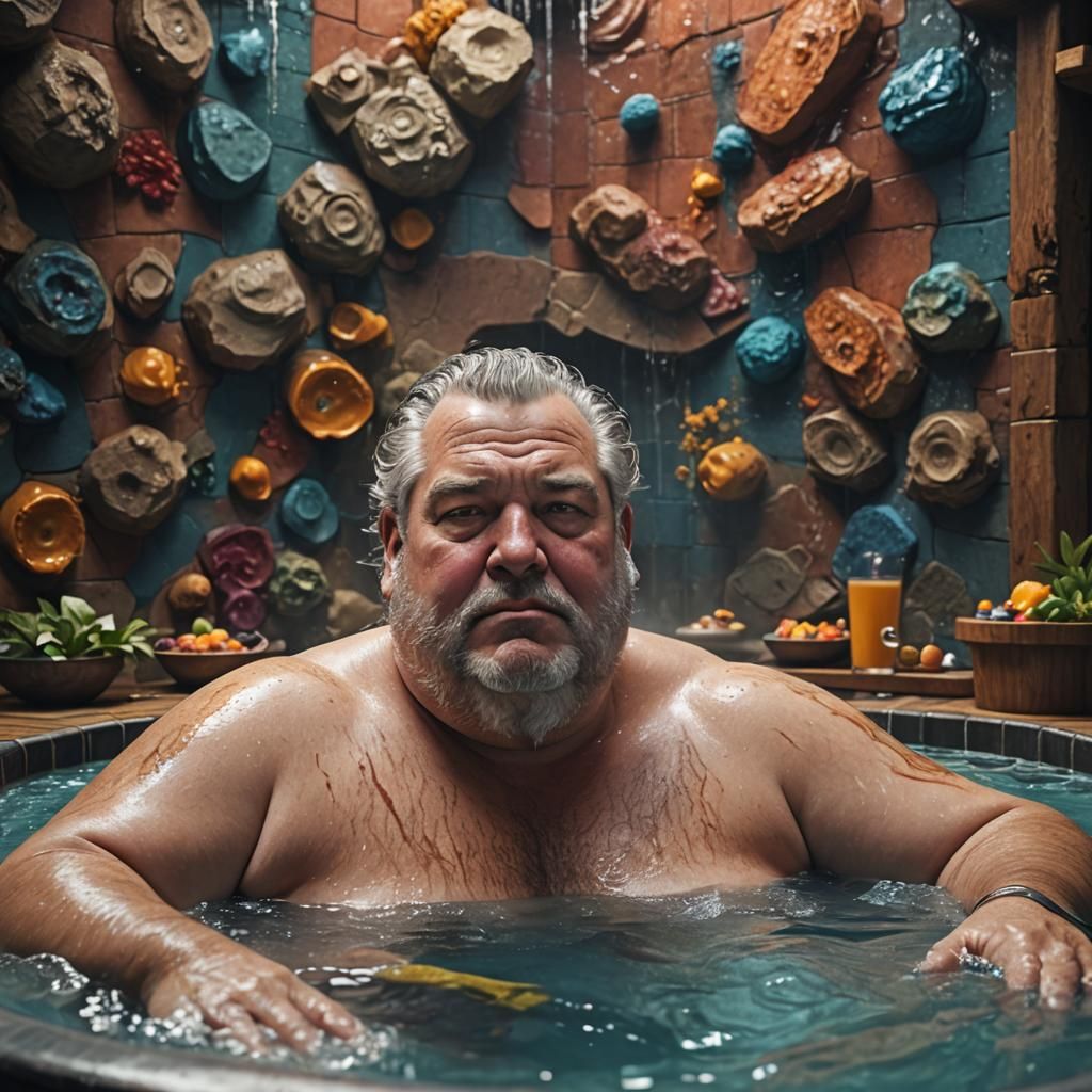 Hyperrealistic Fat Man in Hot Tub