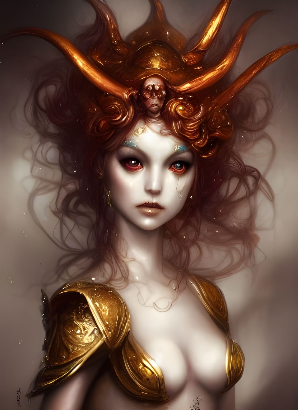 Porcelain Doll Ifrit in Ruby Armor, Oil Painting