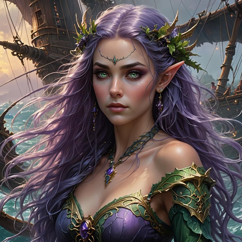 Aquatic Elf Portrait on Pirate Ship in Ethereal Style