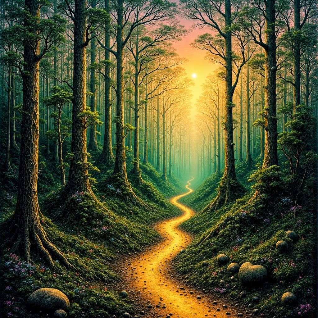 Golden Sunrise in a Surreal Green Forest