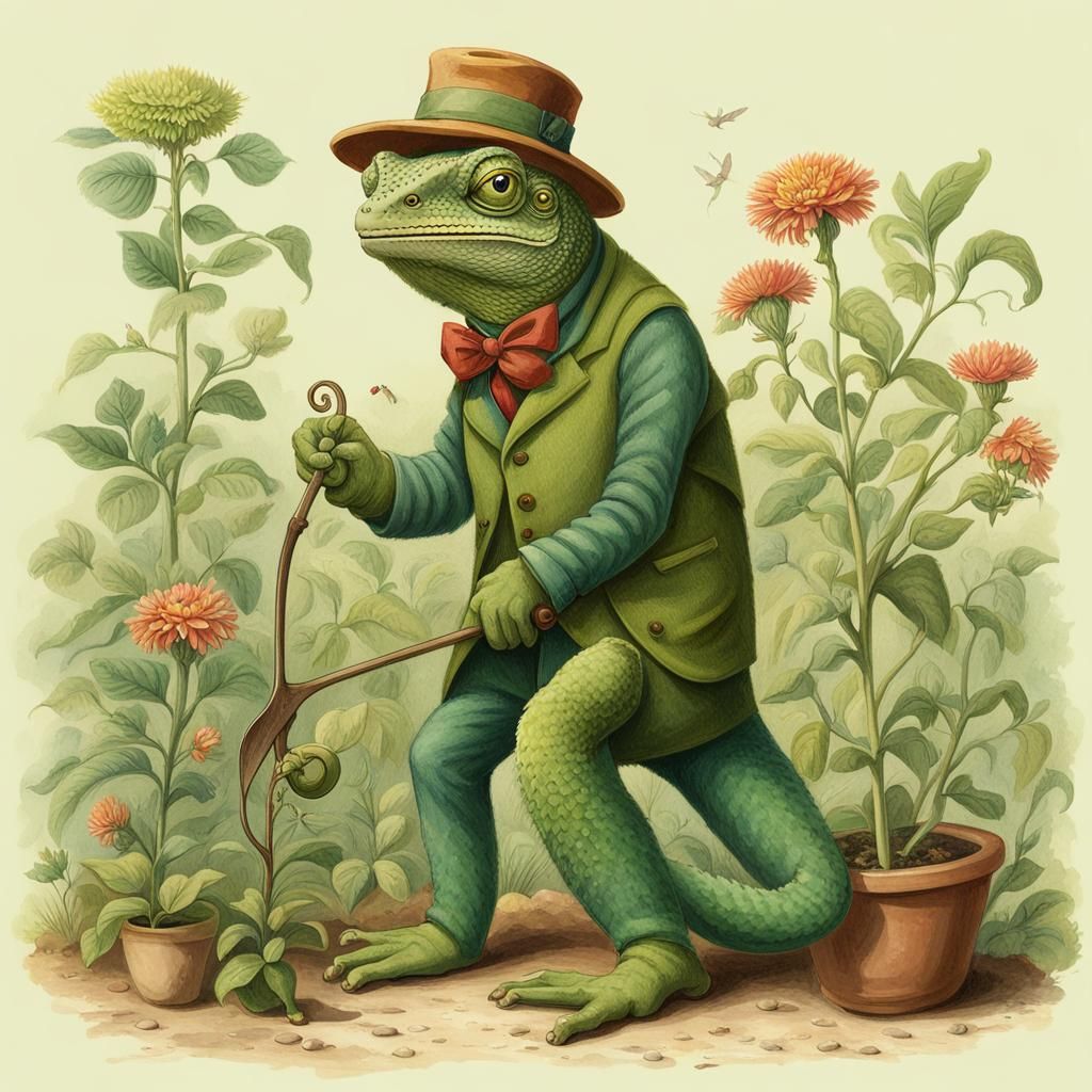 Chameleon Gardener in Whimsical Botanical Scene