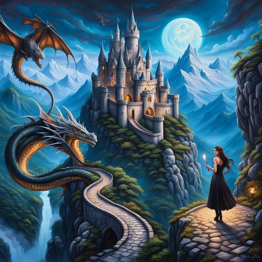 Mystical Castle with Dragon: Fantasy Art