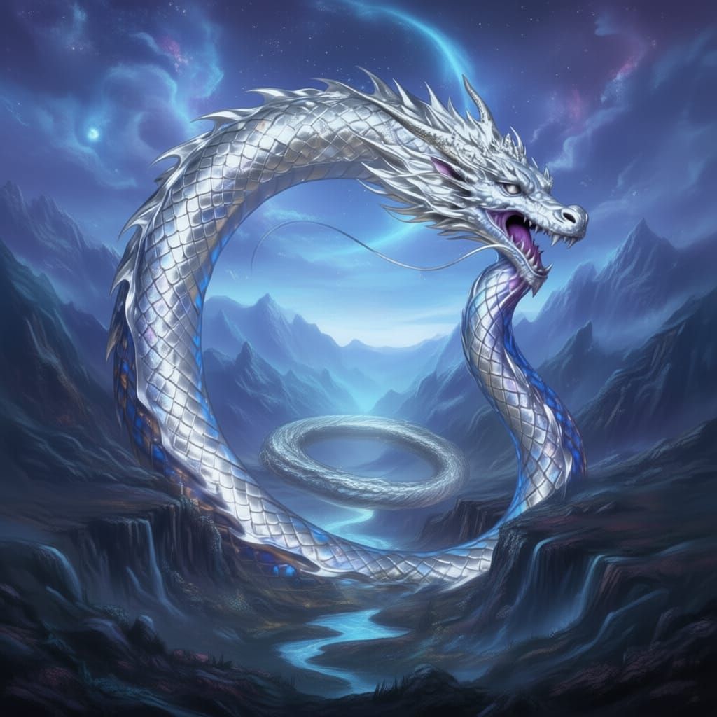 Silver Ouroboros Encircling a Serene Valley